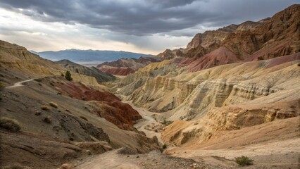 A dramatic canyon carved by erosion revealing layers of rock in various colors and textures capturing natural erosions artistry.