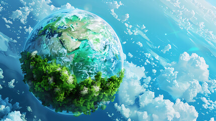 Fototapeta premium Lush Green Planet Surrounded by Clouds