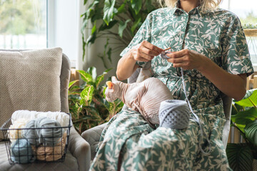 A young beautiful smiling girl crochets from gray yarn and strokes a sphinx cat.