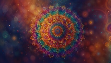 A vibrant, colorful mandala is set against a blurred, multicolored background, creating a mesmerizing and intricate pattern. The symmetrical design is composed of various shapes and shades, radiating 