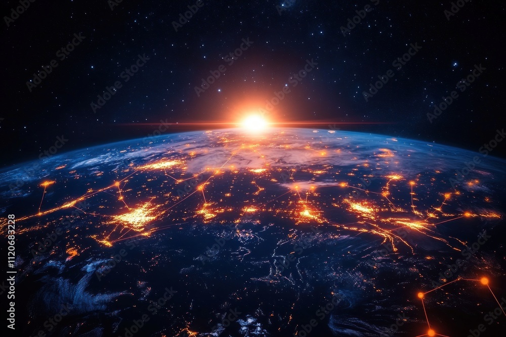 Poster futuristic earth with glowing network connections and starry sky in digital art style
