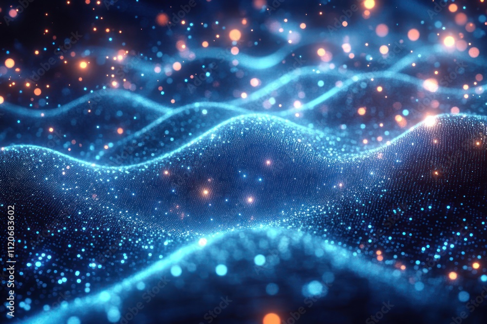Poster futuristic abstract particle landscape with shimmering lights and cyberpunk themes