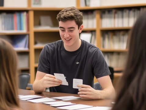 Student using flashcards to study vocabulary in a language class