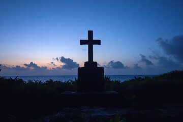 Sunset memorial cross silhouette coastal scene landscape photography tranquil environment serene viewpoint reflection on life