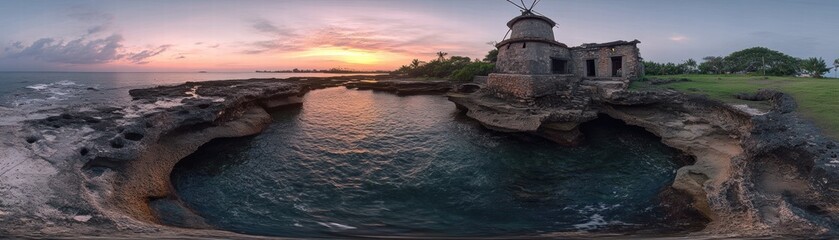 Sunset over ancient ruins coastal area panoramic view serene environment nature's beauty tranquil atmosphere