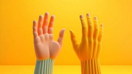 Two Raised Hands in Vibrant Yellow and Peach Against a Bold Orange Background