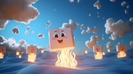Cute Cartoon Boxes Floating on Fire in a Cloudy Sky
