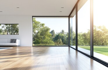 Modern, bright living room with large windows showcasing a lush landscape.  Spacious, contemporary interior design featuring hardwood floors, natural light, and an open concept.