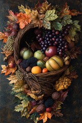 Thanksgiving cornucopia filled with fruits, vegetables, and autumn leaves