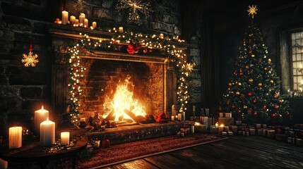 A cozy Christmas scene with a fireplace, candles and decorations on the table