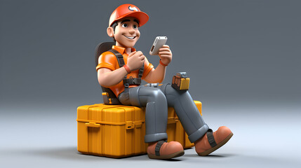 Cartoon Delivery Person Using Smartphone on a Cargo Box