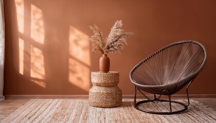 Fototapeta premium Empty Brown Wall Mockup in Boho Room Interior with Seagrass Chair and Metal Urn. Natural Daylight From a Window. Promotion Background.