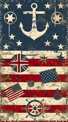 A vintage nautical-themed design featuring anchors, stars, and flags.