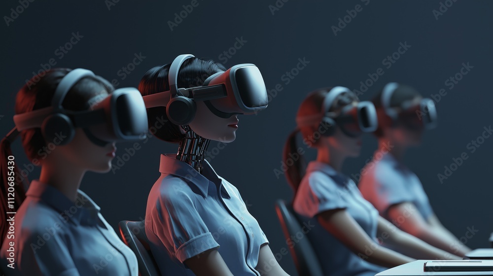 Poster advanced ai robot engaging in virtual reality experience with users