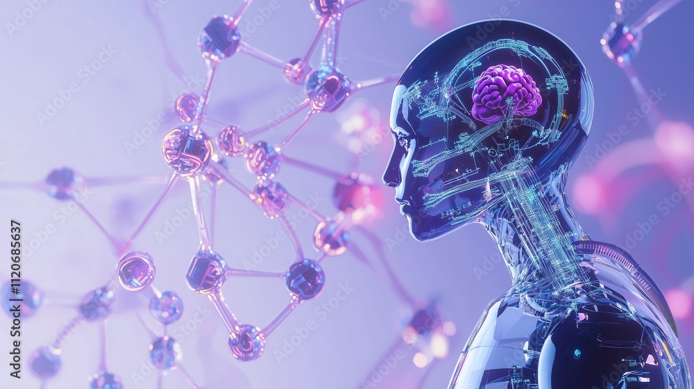 Poster high-tech ai tutor projecting lessons on biology with futuristic design