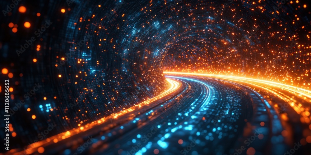 Poster futuristic tunnel of high-speed data transfer in cyberpunk art style with dynamic lighting effects a