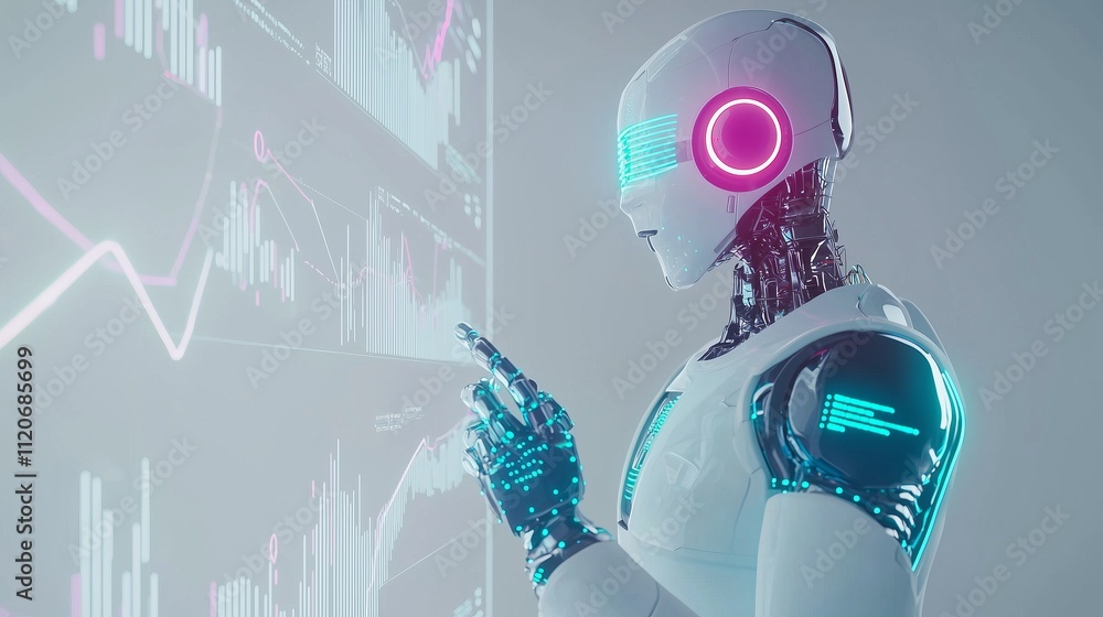 Poster futuristic robot analyzing digital data with neon graphics in marketing context