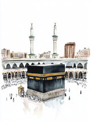 Watercolor Illustration of the Kaaba in Mecca