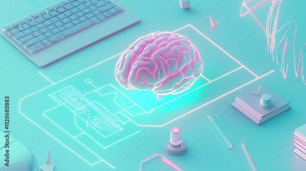 Poster immersive ai setup with glowing neon lines and abstract brain visualization