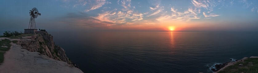 Obraz premium Stunning sunset over ocean coastal cliffs panoramic landscape tranquil environment horizon view nature's beauty