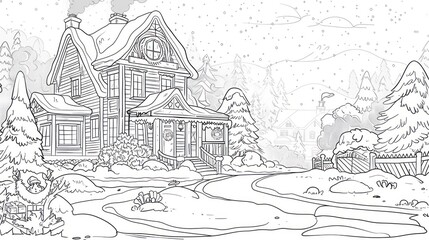 Obraz premium Empty black line drawing of a character, Santa Claus is with reindeer, the background is a house, and it is a cartoon style. for coloring book style hand-drawn coloring. 