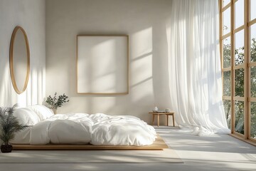 Minimalist Scandinavian Bedroom Interior with White Bedding and Natural Lighting