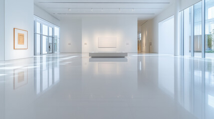 Modern Art Gallery with White Walls and Large Windows