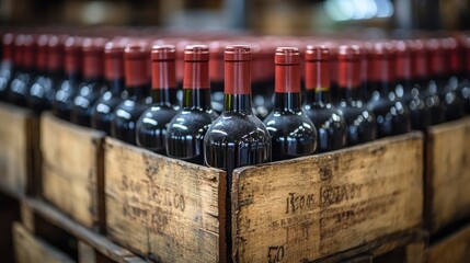 Bottles of red wine arranged in wooden crates for storage.