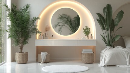 Modern minimalist bedroom with vanity, plants, and round mirror.