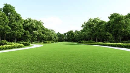 Obraz premium Lush green park landscape with winding paths and trees.