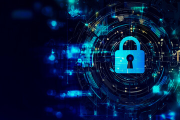 A glowing blue lock icon sits at the center of a futuristic digital interface, symbolizing cybersecurity, data protection, encryption, network security, and online safety. 
