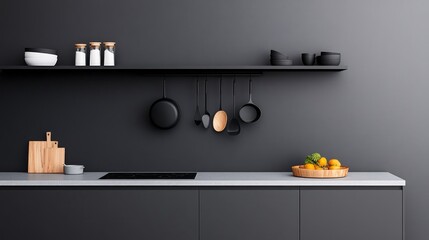 Modern kitchen with minimalist design and organized utensils.