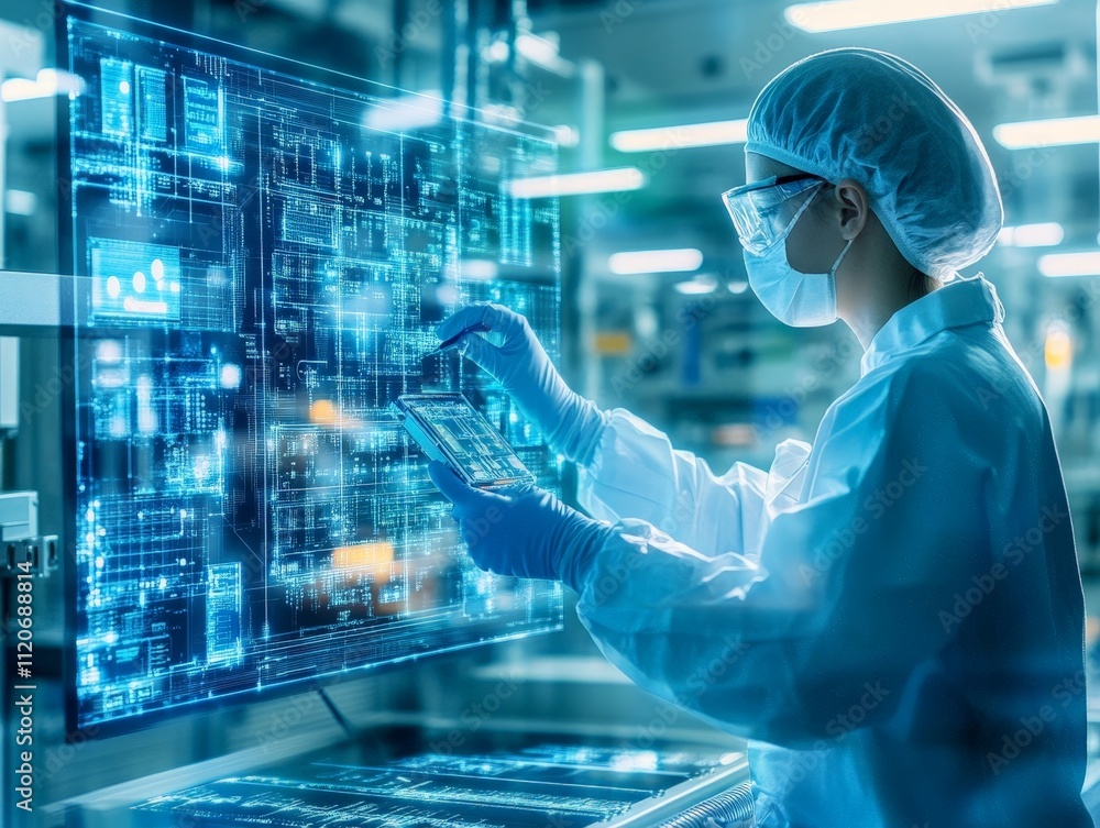 Poster worker in a clean room handling electronics with precision tools