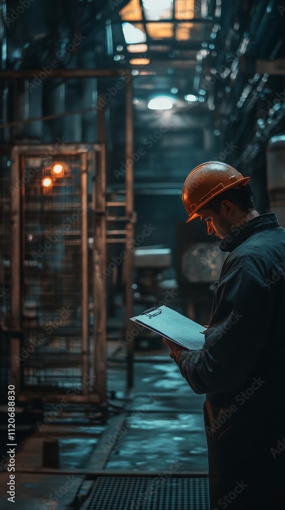 Poster worker in a hard hat taking notes on a clipboard in an industrial setting