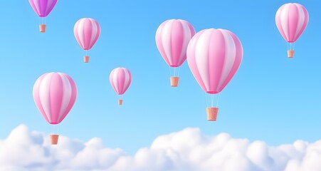 many pink hot air balloons in the blue sky
