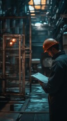 Worker in a hard hat taking notes on a clipboard in an industrial setting