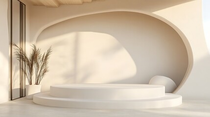 Minimalist Beige Interior Design with Circular Platform and Dried Flowers