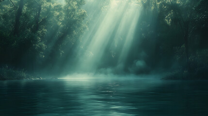 Fototapeta premium Sunbeams pierce through a misty forest, illuminating a serene river. The scene evokes tranquility and mystery, with dark greens and soft light creating a magical atmosphere.