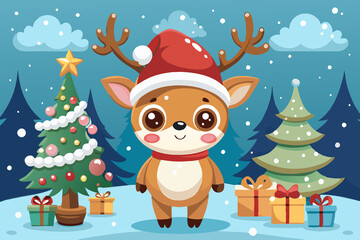 Vector_a rosy-cheeked fawn in a Santa hat and a red scarf stands on 2 legs in a winter forest, on the sides of it there are 2 fir trees, one of which is decorated, under each lie gifts in boxes