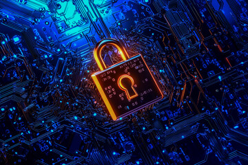 A glowing lock on a circuit board symbolizes cybersecurity, encryption, and secure systems in a futuristic digital environment.