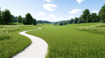Naklejka premium Serene landscape with a winding path through lush green fields.