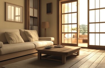 Serene living room with minimalist furniture, wooden floors, and sliding doors leading to a sunlit patio.