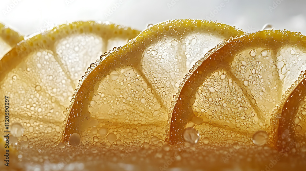 Aufkleber close-up of lemon slices submerged in a bubbly, golden liquid. the image showcases the texture of th