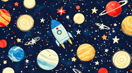 Cosmic Rocket Adventure: A whimsical watercolor illustration of a rocket soaring through a vibrant galaxy filled with planets, stars, and celestial rings. Perfect for children's books.