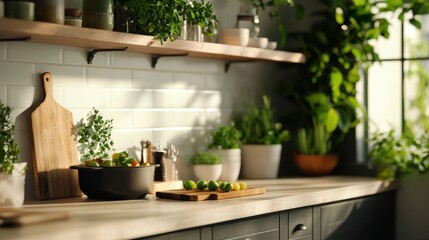 Bright and inviting kitchen with fresh herbs and greenery