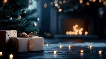 Cozy Christmas scene with gifts and festive lights