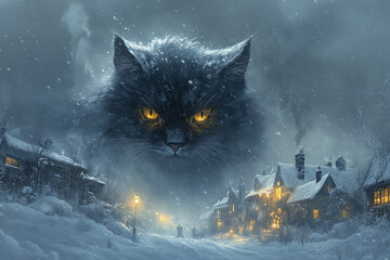 Illustration of the Yule cat, a huge and vicious cat from Icelandic Christmas folklore that lurks in the snowy countryside