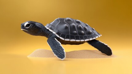 Obraz premium A realistic turtle on sand against a yellow background.