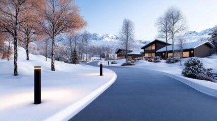 Serene winter landscape with a snowy road and modern houses.
