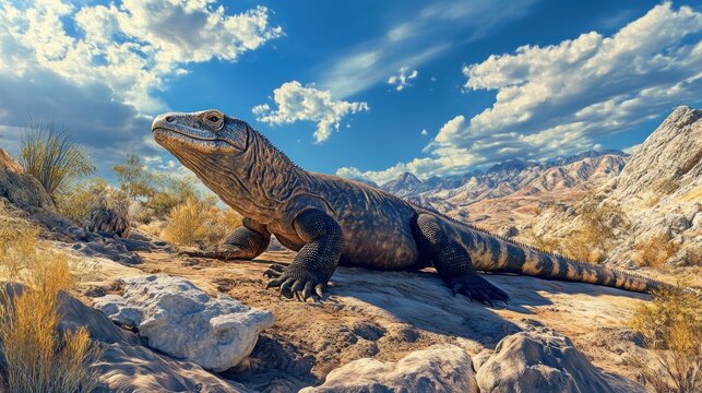 A large lizard-like creature in a rocky desert landscape under a dramatic sky.